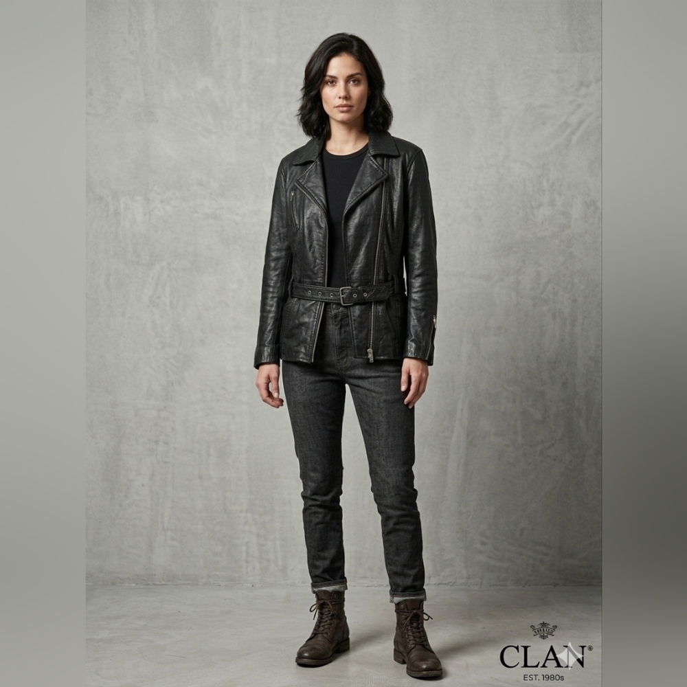 Vintage CLAN Black Leather Belted Moto Jacket - Mid-Length Biker Coat